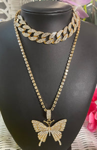 Gold Butterfly Bling Necklace & Chocker Set