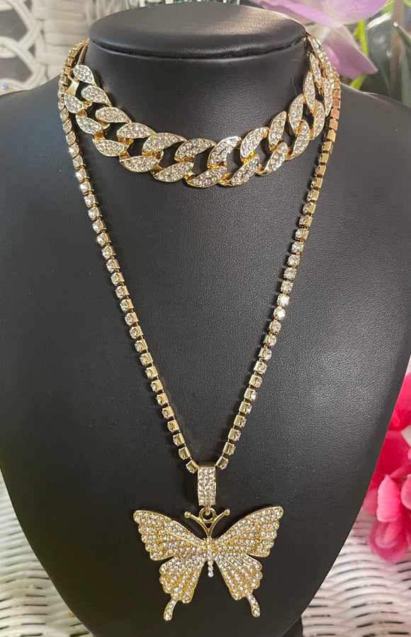 Gold Butterfly Bling Necklace & Chocker Set