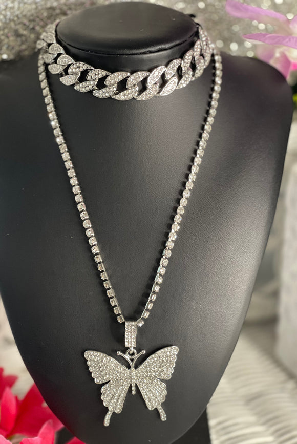 Silver Butterfly Bling Necklace & Chocker Set