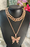 Rose Gold Butterfly Bling Necklace & Chocker Set